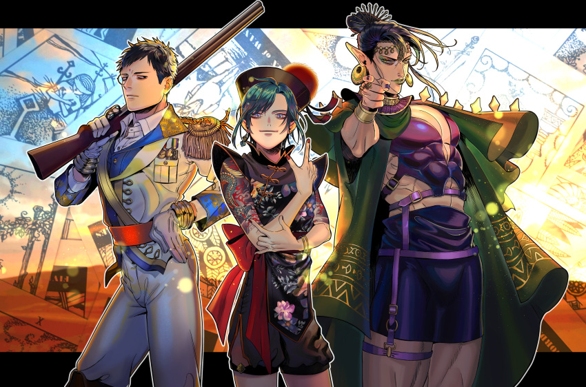 1other 2boys absurdres belt black_hair card china_dress chinese_clothes collared_shirt commentary_request desert dragon_tattoo dress earrings epaulettes eyeshadow green_eyeshadow green_hair green_jacket green_lips gun hanabatake_chaika hand_on_hip highres holding holding_gun holding_weapon jacket jacket_on_shoulders jewelry jojo_no_kimyou_na_bouken jojo_pose lens_flare letterboxed looking_at_viewer looking_to_the_side makeup medal multiple_boys nijisanji outside_border over_shoulder pants playing_card pointing pose purple_belt red_belt red_nails ryuushen shirt stardust_crusaders sudou_minoru sunlight tattoo tied_hair virtual_youtuber weapon weapon_over_shoulder white_jacket white_pants white_shirt wing_collar yashiro_kizuku