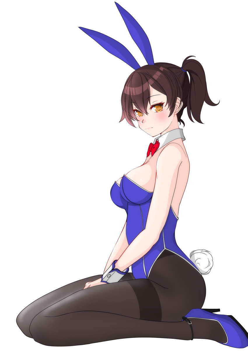 1girl absurdres alternate_costume alternate_hairstyle animal_ears blue_leotard bow bowtie breasts brown_eyes brown_hair commentary_request detached_collar fake_animal_ears full_body highres kaga_(kancolle) kantai_collection leotard long_hair looking_at_viewer medium_breasts nitamako_(sakamalh) pantyhose playboy_bunny ponytail rabbit_ears rabbit_tail red_bow red_bowtie short_ponytail simple_background sitting solo strapless strapless_leotard tail thighband_pantyhose wariza white_background wrist_cuffs