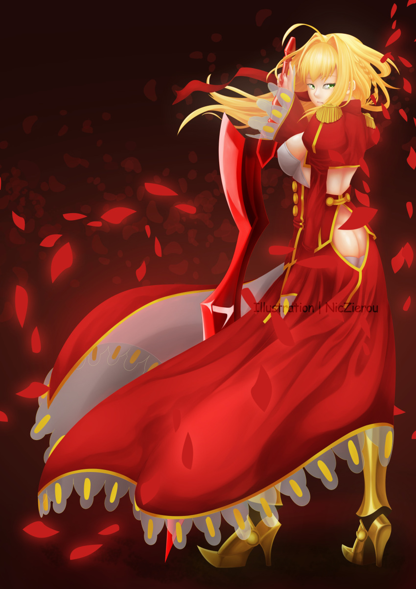 1girl aestus_estus ahoge blonde_hair braid breasts cleavage commentary_request dress epaulettes fate/extra fate/grand_order fate_(series) french_braid green_eyes hair_intakes hair_ribbon juliet_sleeves large_breasts long_sleeves nero_claudius_(fate) nero_claudius_(fate)_(all) niczierou puffy_sleeves red_dress red_ribbon ribbon saber_extra see-through solo sword weapon wide_sleeves