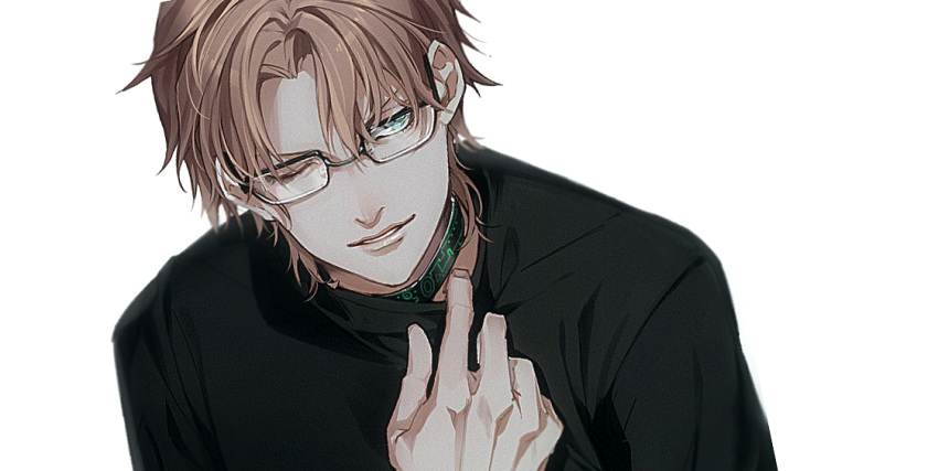 1boy bangs black-framed_eyewear black_choker black_shirt brown_hair choker clothes_pull commentary_request glasses green_eyes hand_up kiki_(re_6xxx) looking_at_viewer male_focus meitantei_conan okiya_subaru one_eye_closed parted_bangs parted_lips pulled_by_self shirt shirt_pull short_hair simple_background solo upper_body white_background