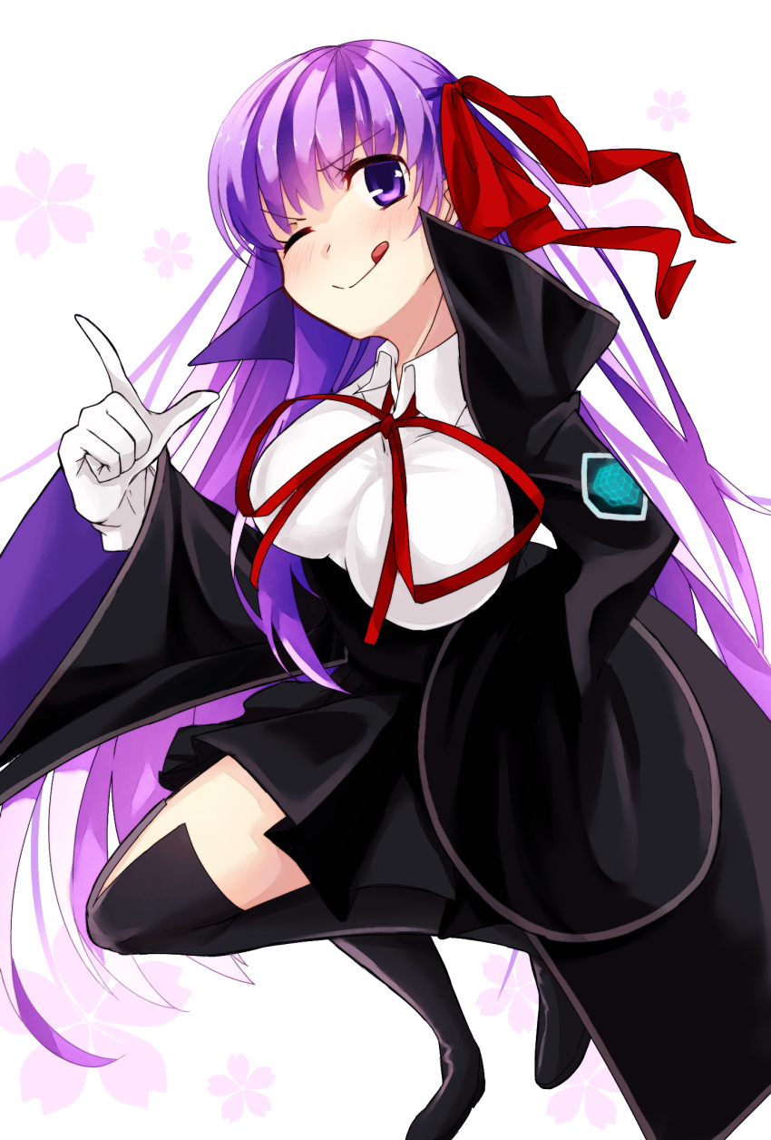 1girl bangs bb_(fate)_(all) bb_(fate/extra_ccc) black_coat black_skirt breasts coat fate/extra fate/extra_ccc fate/grand_order fate_(series) gloves hair_ribbon high-waist_skirt highres holding holding_wand klid_a large_breasts leotard long_hair long_sleeves looking_at_viewer neck_ribbon open_clothes open_coat popped_collar purple_hair red_ribbon ribbon skirt smile very_long_hair violet_eyes wand white_gloves white_leotard wide_sleeves