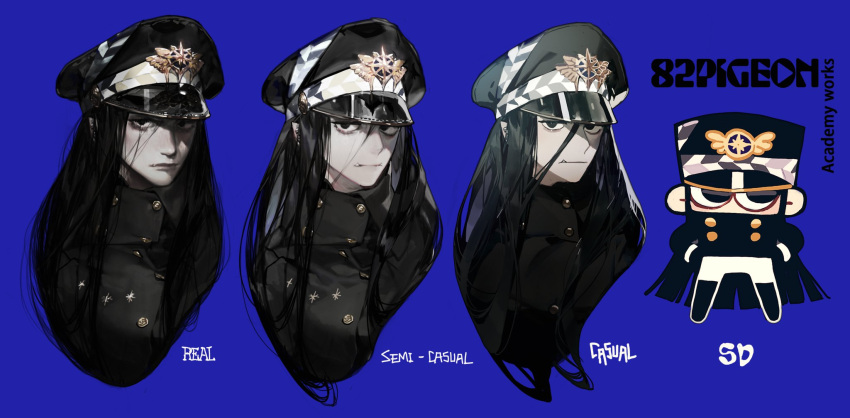 1boy art_shift black_coat black_eyes black_hair black_headwear blue_background chibi closed_mouth coat hat highres long_hair looking_at_viewer male_focus multiple_views original peaked_cap pigeon666 realistic simple_background tusks