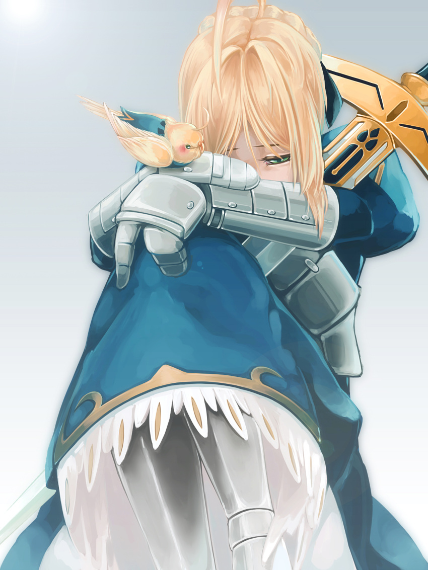 1girl ahoge artoria_pendragon_(all) bird blonde_hair blue_ribbon breasts cleavage_cutout clothing_cutout excalibur_(fate/stay_night) fate/grand_order fate/stay_night fate/zero fate_(series) green_eyes hair_bun hair_ribbon holding holding_weapon juliet_sleeves long_sleeves medium_breasts pixiv77481 puffy_sleeves ribbon saber solo sword weapon