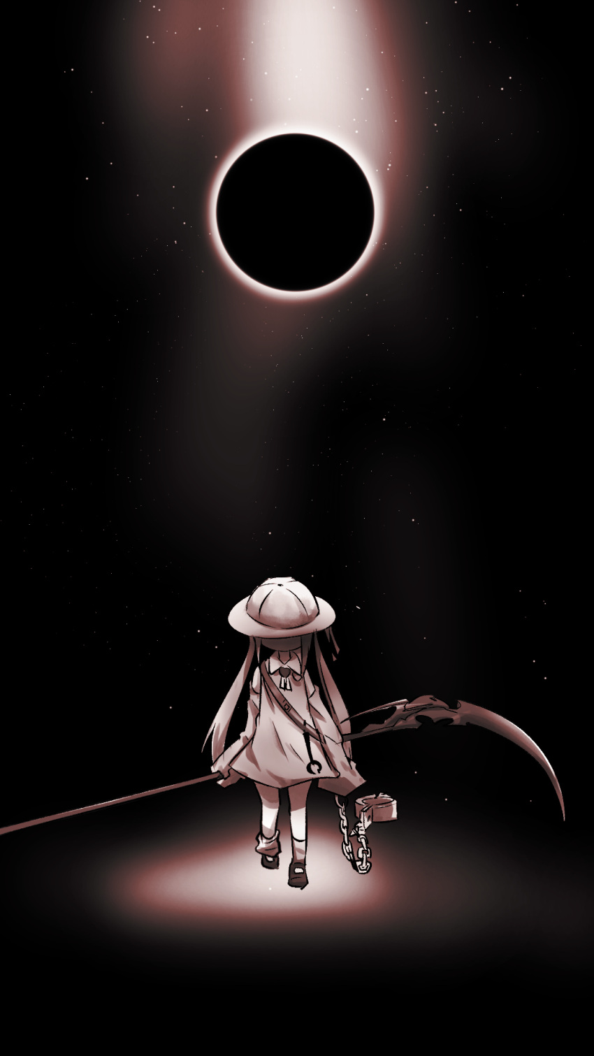 1girl black_footwear brown_dress brown_sleeves chain collared_dress cuffs detached_sleeves dress eclipse facing_viewer hat highres holding holding_scythe kindergarten_uniform long_hair long_sleeves monochrome neon-tetora school_hat scythe shoes sleeveless sleeveless_dress sleeves_past_fingers sleeves_past_wrists socks solo tsukuyomi_ai twintails very_long_hair voiceroid