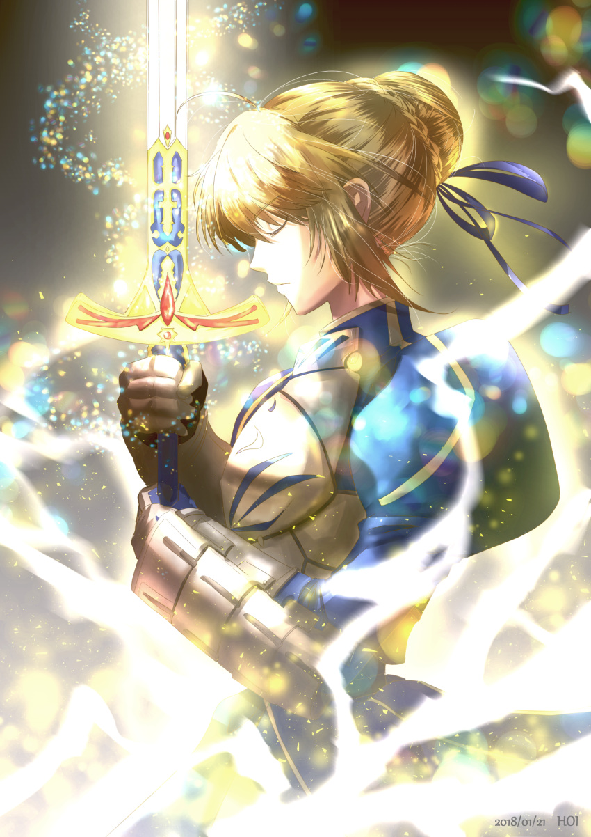 1girl ahoge artoria_pendragon_(all) blonde_hair blue_ribbon breasts cleavage_cutout clothing_cutout excalibur_(fate/stay_night) fate/grand_order fate/stay_night fate_(series) green_eyes hair_bun hair_ribbon holding holding_weapon hooihoipoi juliet_sleeves long_sleeves medium_breasts puffy_sleeves ribbon saber solo sword weapon