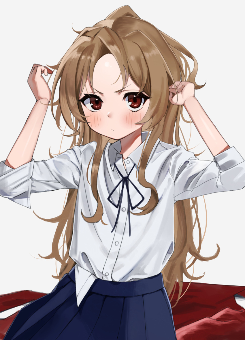 1girl absurdres aisaka_taiga bangs black_ribbon blue_skirt blush brown_eyes brown_hair closed_mouth commentary hair_strand hands_up highres jacket jacket_removed long_hair long_sleeves looking_at_viewer messy_hair neck_ribbon oohashi_high_school_uniform parted_bangs partially_unbuttoned pleated_skirt red_jacket ribbon school_uniform shin_ilst shirt sitting skirt sleeves_rolled_up solo toradora! untucked_shirt v-shaped_eyebrows white_background white_shirt