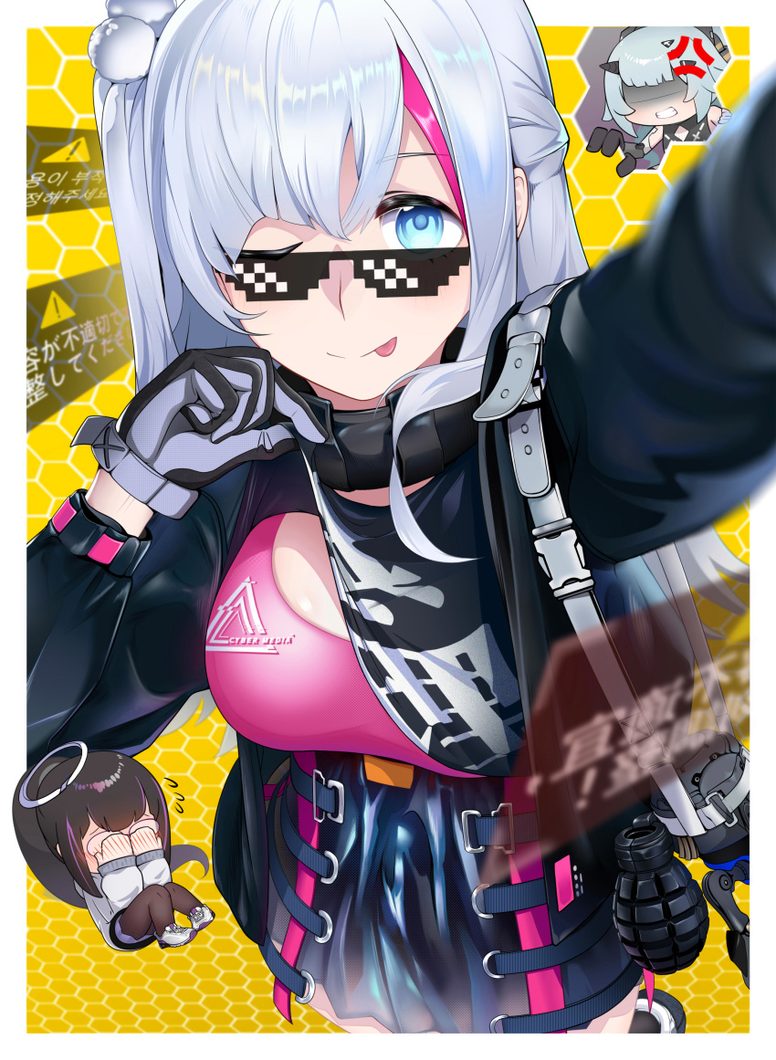 1girl absurdres bangs black_shirt blue_eyes closed_mouth clothes_lift explosive eyebrows_visible_through_hair feet_out_of_frame from_above girls'_frontline_neural_cloud girls_frontline gloves grenade hair_ornament highres jwthor licking_lips long_hair looking_at_viewer mdr_(girls'_frontline) multicolored_hair one_eye_closed pink_sports_bra selfie shirt shirt_lift silver_hair smile solo sports_bra standing tongue tongue_out white_gloves