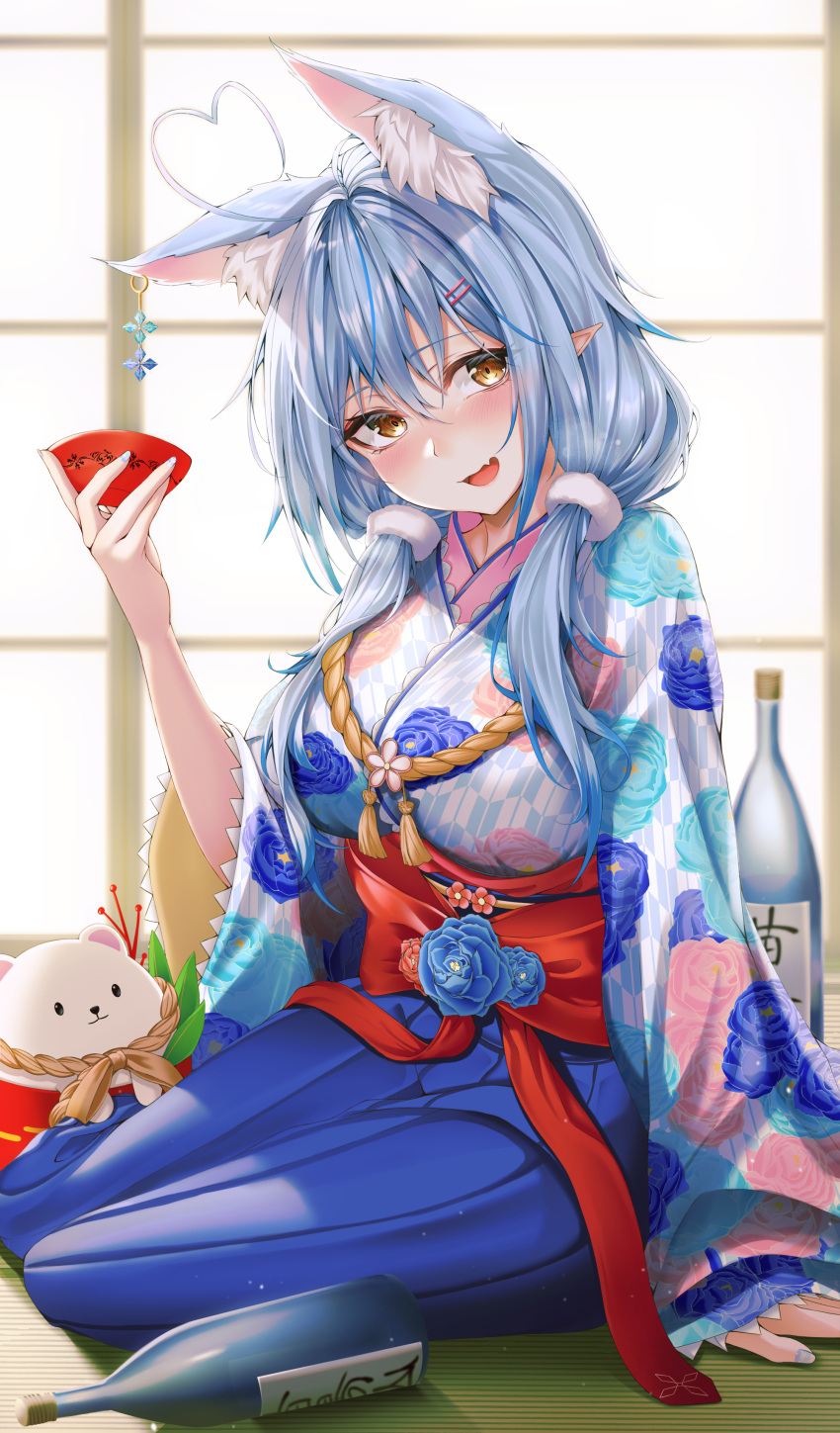 1girl absurdres ahoge animal_ear_fluff animal_ears bangs blue_hair blue_hakama blue_skirt blush bratja breasts cat_ears colored_tips commentary cup daifuku_(yukihana_lamy) elf extra_ears floral_print hair_between_eyes hair_ornament hairclip hakama hakama_skirt heart_ahoge highres hololive japanese_clothes kimono large_breasts long_hair looking_at_viewer low_twintails multicolored_hair obi pointy_ears print_kimono sakazuki sash skirt solo streaked_hair symbol-only_commentary twintails virtual_youtuber wide_sleeves yellow_eyes yukihana_lamy