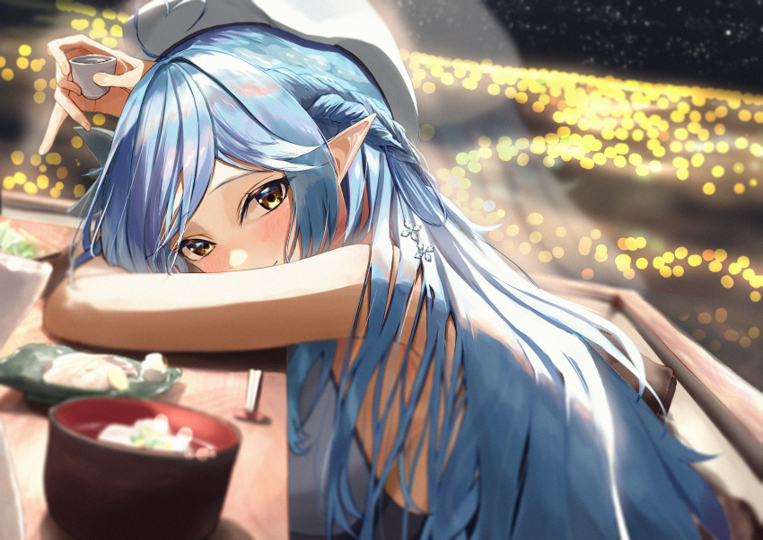 1girl absurdres ahoge bangs bare_arms beret blue_hair blush braid commentary_request cup elf eyebrows_visible_through_hair from_side hat head_rest heart_ahoge highres holding holding_cup hololive long_hair looking_at_viewer looking_to_the_side nayuyu1105 night pointy_ears solo upper_body very_long_hair virtual_youtuber white_headwear yellow_eyes yukihana_lamy