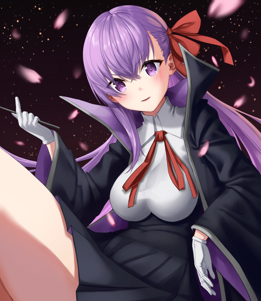 1girl bangs bb_(fate)_(all) bb_(fate/extra_ccc) black_coat black_skirt breasts coat fate/extra fate/extra_ccc fate/grand_order fate_(series) gloves hair_ribbon high-waist_skirt highres holding holding_wand large_breasts leotard long_hair long_sleeves looking_at_viewer neck_ribbon open_clothes open_coat popped_collar purple_hair pya red_ribbon ribbon skirt smile very_long_hair violet_eyes wand white_gloves white_leotard wide_sleeves