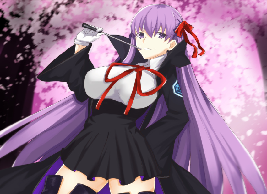 1girl bangs bb_(fate)_(all) bb_(fate/extra_ccc) black_coat black_skirt breasts coat daayama fate/extra fate/extra_ccc fate/grand_order fate_(series) gloves hair_ribbon high-waist_skirt highres holding holding_wand large_breasts leotard long_hair long_sleeves looking_at_viewer neck_ribbon open_clothes open_coat popped_collar purple_hair red_ribbon ribbon skirt smile very_long_hair violet_eyes wand white_gloves white_leotard wide_sleeves