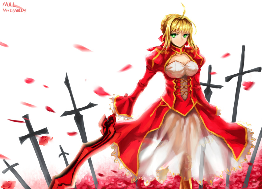 1girl aestus_estus ahoge blonde_hair braid breasts cleavage commentary_request dress epaulettes fate/extra fate/grand_order fate_(series) french_braid green_eyes hair_intakes hair_ribbon juliet_sleeves large_breasts long_sleeves nero_claudius_(fate) nero_claudius_(fate)_(all) null_(pixiv10939046) open_mouth puffy_sleeves red_dress red_ribbon ribbon saber_extra see-through solo sword weapon wide_sleeves