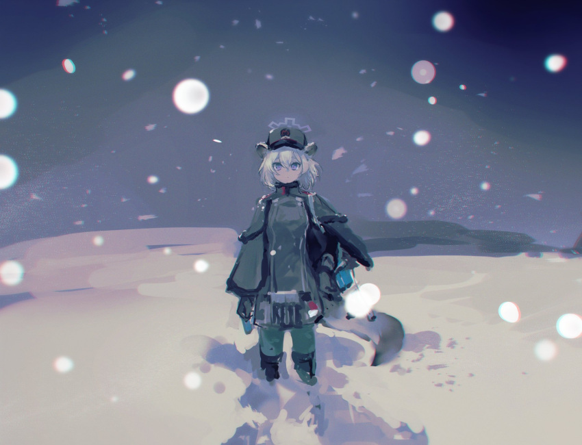 1girl a animal_ears bangs blue_archive boots cape closed_mouth coat gloves hair_between_eyes halo hat highres kyuuri_(miyako) long_sleeves looking_at_viewer military military_uniform outdoors pants shigure_(blue_archive) short_hair snow snowing solo standing tail thigh-highs thigh_boots uniform violet_eyes white_hair
