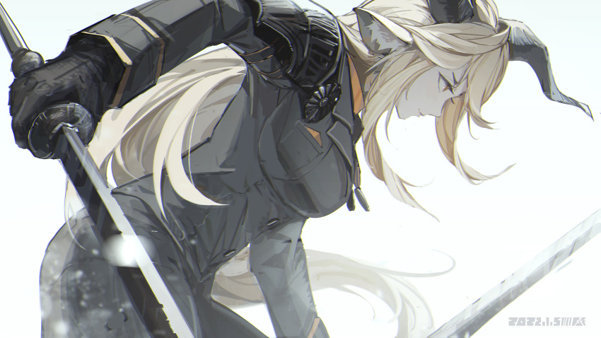 &gt;:) 1girl absurdres animal_ear_fluff animal_ears arknights armor black_gloves blonde_hair breasts closed_mouth dated degenbrecher_(arknights) dual_wielding from_side gloves goat_ears goat_horns highres holding holding_sword holding_weapon horns large_breasts leaning_forward long_hair long_sleeves military military_uniform orange_eyes profile qiumoyixing shoulder_armor simple_background smile solo sword uniform v-shaped_eyebrows weapon white_background