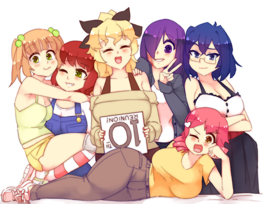 6+girls :3 :d ;d ^_^ arms_under_breasts bangs bare_arms bare_shoulders black_jacket black_ribbon blonde_hair blue_eyes blue_hair breasts brown_eyes burn_scar closed_eyes commentary drill_hair elbow_rest english_commentary eyebrows_visible_through_hair facing_viewer glasses green_eyes hair_bobbles hair_ornament hair_over_one_eye hair_ribbon hairclip hakamichi_shizune heart heart_hair_ornament holding holding_sign hug ibarazaki_emi ikezawa_hanako jacket katawa_shoujo large_breasts light_brown_hair long_hair long_sleeves looking_at_viewer lying mikado_shiina multiple_girls off-shoulder_sweater off_shoulder on_side one_eye_closed open_mouth overalls pants pink_hair ponytail purple_hair redhead ribbon rtil satou_lilly scar shirt short_hair short_shorts short_sleeves shorts sign simple_background small_breasts smile sweater tezuka_rin twintails v violet_eyes white_background white_shirt yellow_shirt