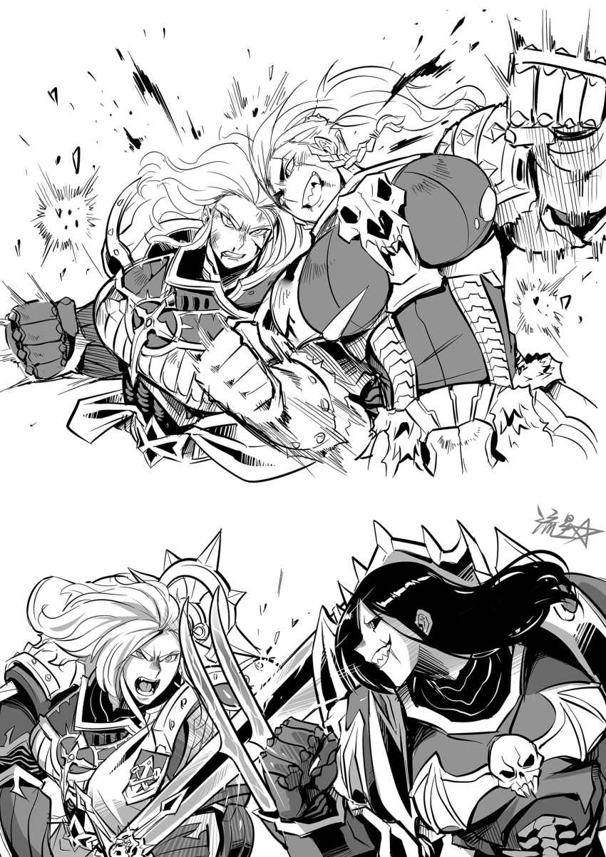 3girls armor black_sclera blush braid breasts character_request clenched_teeth colored_sclera fighting frown genderswap genderswap_(mtf) glaring greyscale grin highres holding holding_sword holding_weapon konrad_curze large_breasts lion_el'jonson long_hair monochrome multiple_girls open_mouth ryuusei_(mark_ii) signature simple_background smile sword teeth two-handed warhammer_40k weapon white_background