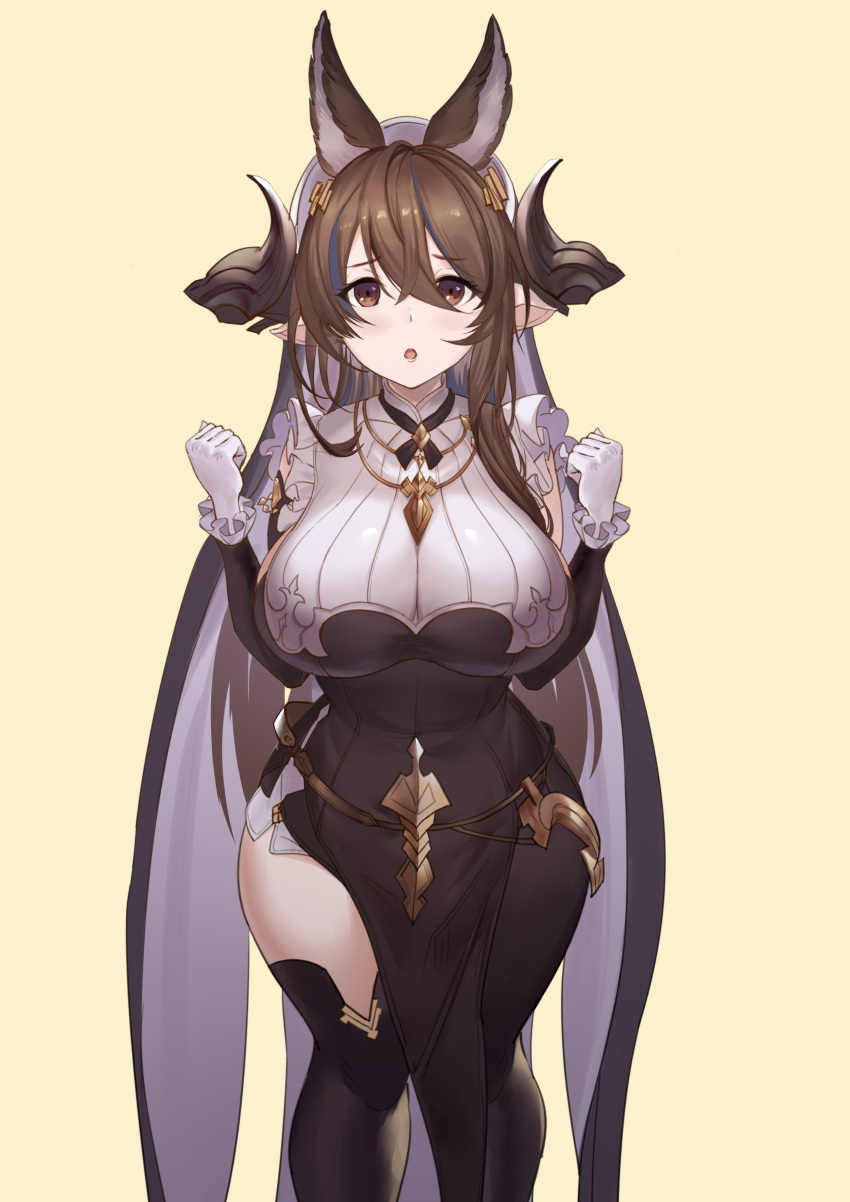1girl absurdres animal_ears asymmetrical_clothes asymmetrical_legwear bangs breasts brown_eyes closed_eyes detached_sleeves extra_ears eyebrows_visible_through_hair feet_out_of_frame frilled_sleeves frills galleon_(granblue_fantasy) gloves granblue_fantasy highres horns large_breasts multicolored_hair open_mouth pelvic_curtain pointy_ears solo streaked_hair unkobako unusually_open_eyes white_gloves