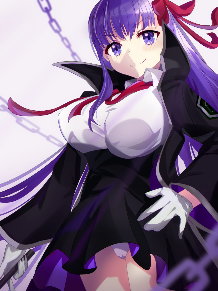 1girl bangs bb_(fate)_(all) bb_(fate/extra_ccc) black_coat black_skirt breasts coat fate/extra fate/extra_ccc fate/grand_order fate_(series) gloves hair_ribbon high-waist_skirt highres holding holding_wand large_breasts leotard long_hair long_sleeves looking_at_viewer neck_ribbon open_clothes open_coat popped_collar purple_hair red_ribbon ribbon same_(sendai623) skirt smile very_long_hair violet_eyes wand white_gloves white_leotard wide_sleeves