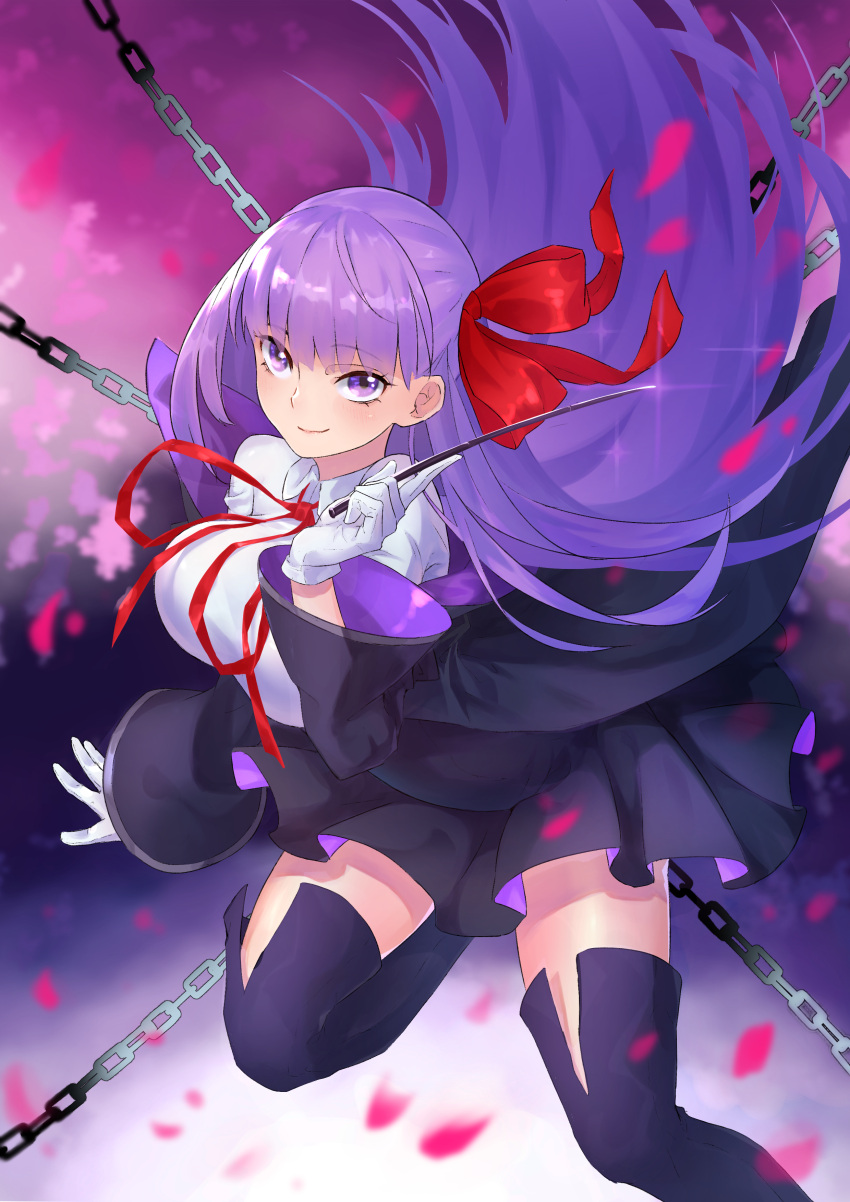 1girl _muta__ bangs bb_(fate)_(all) bb_(fate/extra_ccc) black_coat black_skirt breasts coat fate/extra fate/extra_ccc fate/grand_order fate_(series) gloves hair_ribbon high-waist_skirt highres holding holding_wand large_breasts leotard long_hair long_sleeves looking_at_viewer neck_ribbon open_clothes open_coat popped_collar purple_hair red_ribbon ribbon skirt smile very_long_hair violet_eyes wand white_gloves white_leotard wide_sleeves