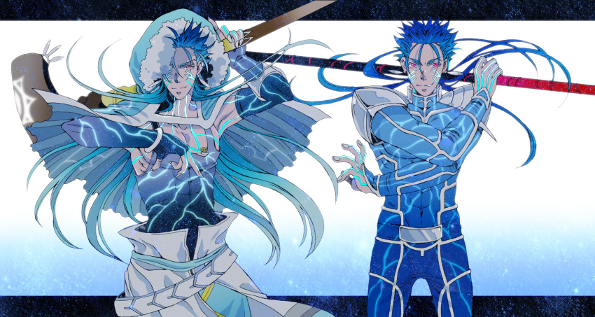 2boys abs armor belt black_tank_top blue_bodysuit blue_hair bodysuit bracelet capelet charatei closed_mouth covered_navel crossed_arms cu_chulainn_(caster)_(fate) cu_chulainn_(fate) cu_chulainn_(fate/stay_night) earrings elbow_gloves fate/grand_order fate/stay_night fate_(series) fingerless_gloves floating_hair fur-trimmed_hood fur_trim gae_bolg_(fate) gloves glowing grin highres holding holding_polearm holding_staff holding_weapon hood hood_up hooded_capelet jewelry long_hair looking_to_the_side magic_circuit male_focus multiple_boys multiple_persona muscular muscular_male one_eye_covered pauldrons pectorals polearm polearm_behind_back ponytail red_eyes shoulder_armor single_vambrace skin_tight smile spiky_hair staff tank_top vambraces weapon wooden_staff