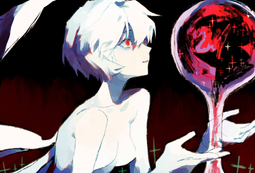 1girl absurdres ayanami_rei blood colored_skin end_of_evangelion giant giantess hands_up highres holding mogutofuoes neon_genesis_evangelion red_eyes short_hair solo white_hair white_skin