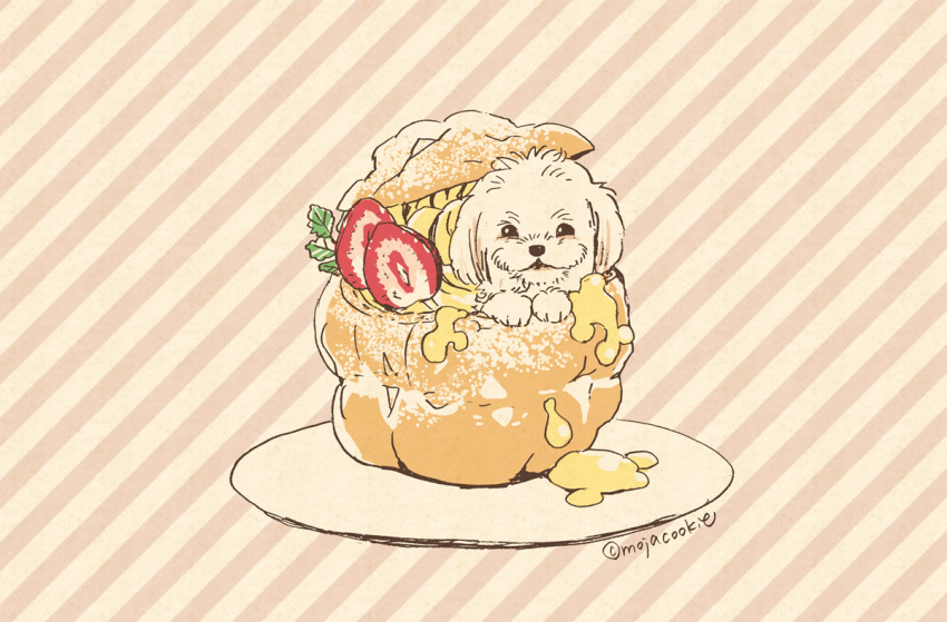 animal_focus artist_name dessert dog food food_focus food_request fruit leaf looking_at_viewer mojacookie no_humans original plate strawberry striped striped_background white_dog