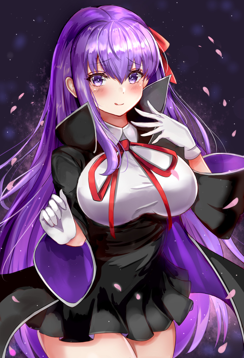 1girl bangs bb_(fate)_(all) bb_(fate/extra_ccc) black_coat black_skirt breasts coat crow_0830_ fate/extra fate/extra_ccc fate/grand_order fate_(series) gloves hair_ribbon high-waist_skirt highres holding holding_wand large_breasts leotard long_hair long_sleeves looking_at_viewer neck_ribbon open_clothes open_coat popped_collar purple_hair red_ribbon ribbon skirt smile very_long_hair violet_eyes wand white_gloves white_leotard wide_sleeves