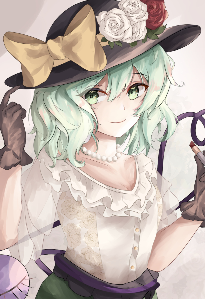 1girl bangs bead_necklace beads black_gloves black_headwear bow eyeball eyebrows_visible_through_hair floral_print flower gloves green_eyes green_skirt hat hat_bow hat_flower hat_ribbon heart heart_of_string highres jewelry komeiji_koishi light_green_hair lipstick makeup medium_hair necklace orchid_(orukido) red_flower red_lipstick_tube red_rose ribbon rose rose_print shirt skirt smile solo third_eye touhou wavy_hair white_background white_flower white_rose white_shirt yellow_bow yellow_ribbon