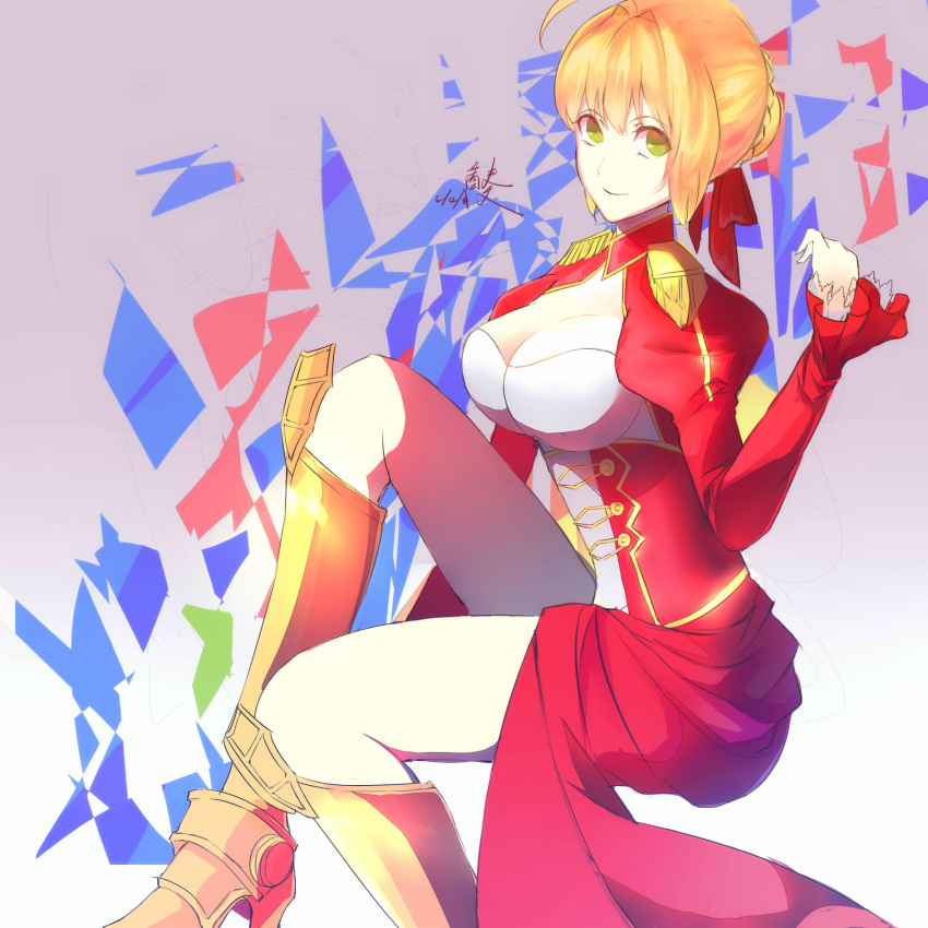 1girl aestus_estus ahoge akane_kanade-san blonde_hair braid breasts cleavage commentary_request dress epaulettes fate/extra fate/grand_order fate_(series) french_braid green_eyes hair_intakes hair_ribbon juliet_sleeves large_breasts long_sleeves nero_claudius_(fate) nero_claudius_(fate)_(all) open_mouth puffy_sleeves red_dress red_ribbon ribbon saber_extra see-through solo wide_sleeves
