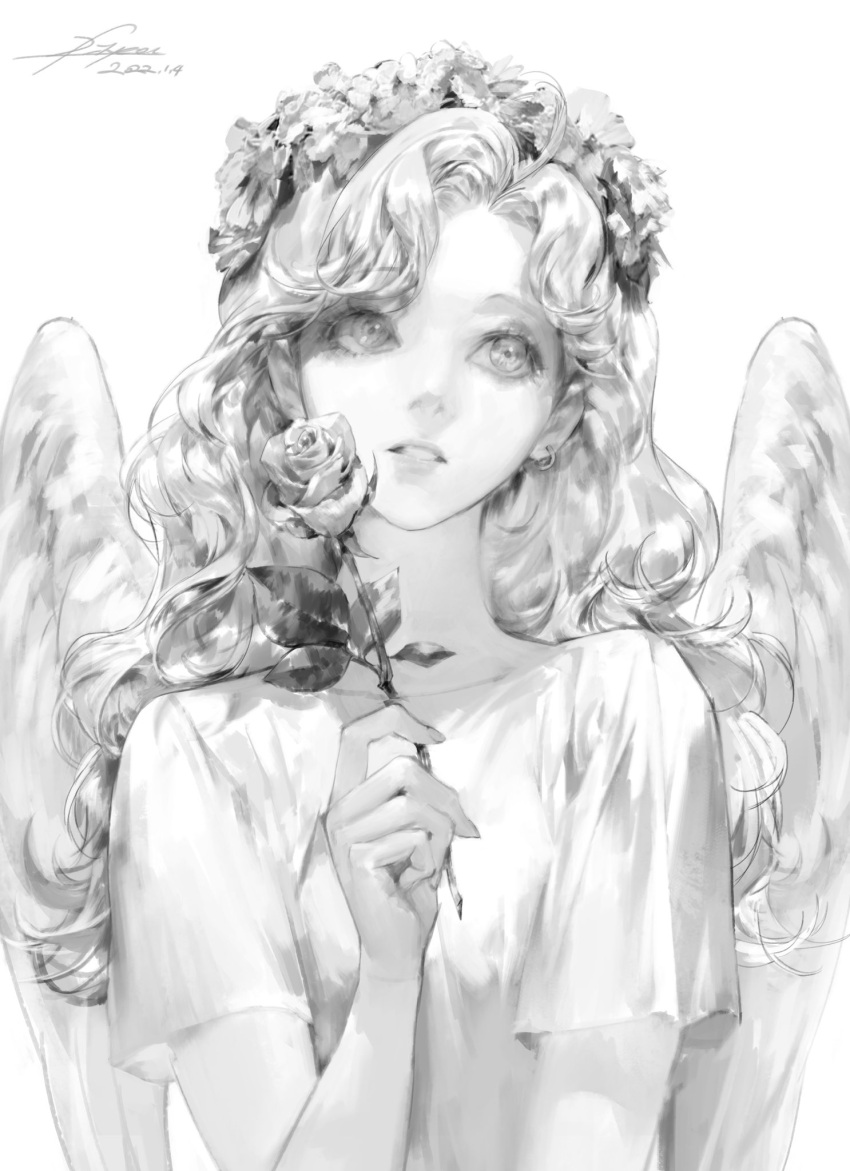 1girl angel bangs dated dress earrings flower greyscale head_wreath highres holding holding_flower jewelry long_hair monochrome original parted_lips short_sleeves signature simple_background solo teeth vlfdus_0 white_background wings