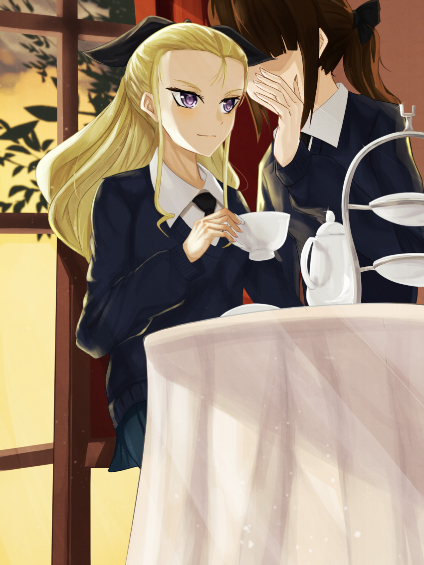 2girls assam_(girls_und_panzer) bangs black_necktie black_ribbon blonde_hair blue_eyes blue_skirt blue_sweater blunt_bangs brown_hair closed_mouth commentary_request cup dress_shirt girls_und_panzer hair_pulled_back hair_ribbon hand_to_own_mouth highres holding holding_cup indoors long_hair long_sleeves miniskirt multiple_girls necktie nmz_zmn partial_commentary pleated_skirt ponytail ribbon school_uniform shirt sitting skirt smile st._gloriana's_school_uniform sweater teacup teapot tiered_tray v-neck whispering white_shirt window wing_collar
