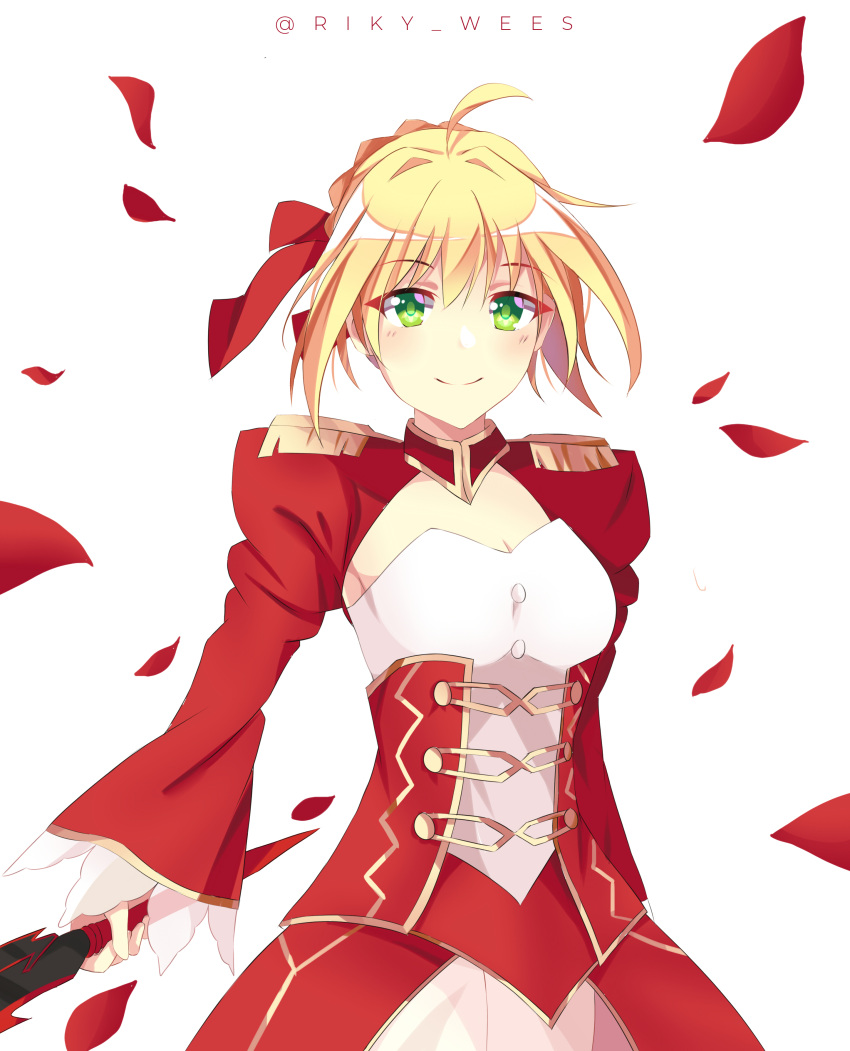 1girl aestus_estus ahoge blonde_hair braid breasts cleavage commentary_request dress epaulettes fate/extra fate/grand_order fate_(series) french_braid green_eyes hair_intakes hair_ribbon juliet_sleeves large_breasts long_sleeves nero_claudius_(fate) nero_claudius_(fate)_(all) puffy_sleeves red_dress red_ribbon ribbon riky_wees saber_extra see-through solo sword weapon wide_sleeves