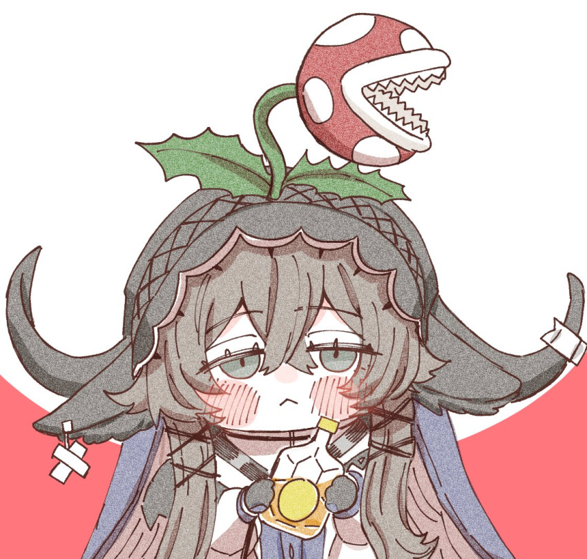 1girl alcohol animal_ears arknights bokiboki333 bottle brown_hair commentary_request cow_ears cow_girl cow_horns crossover flower flower_on_head green_eyes holding holding_bottle horns pallas_(arknights) piranha_plant short_hair_with_long_locks super_mario_bros. upper_body