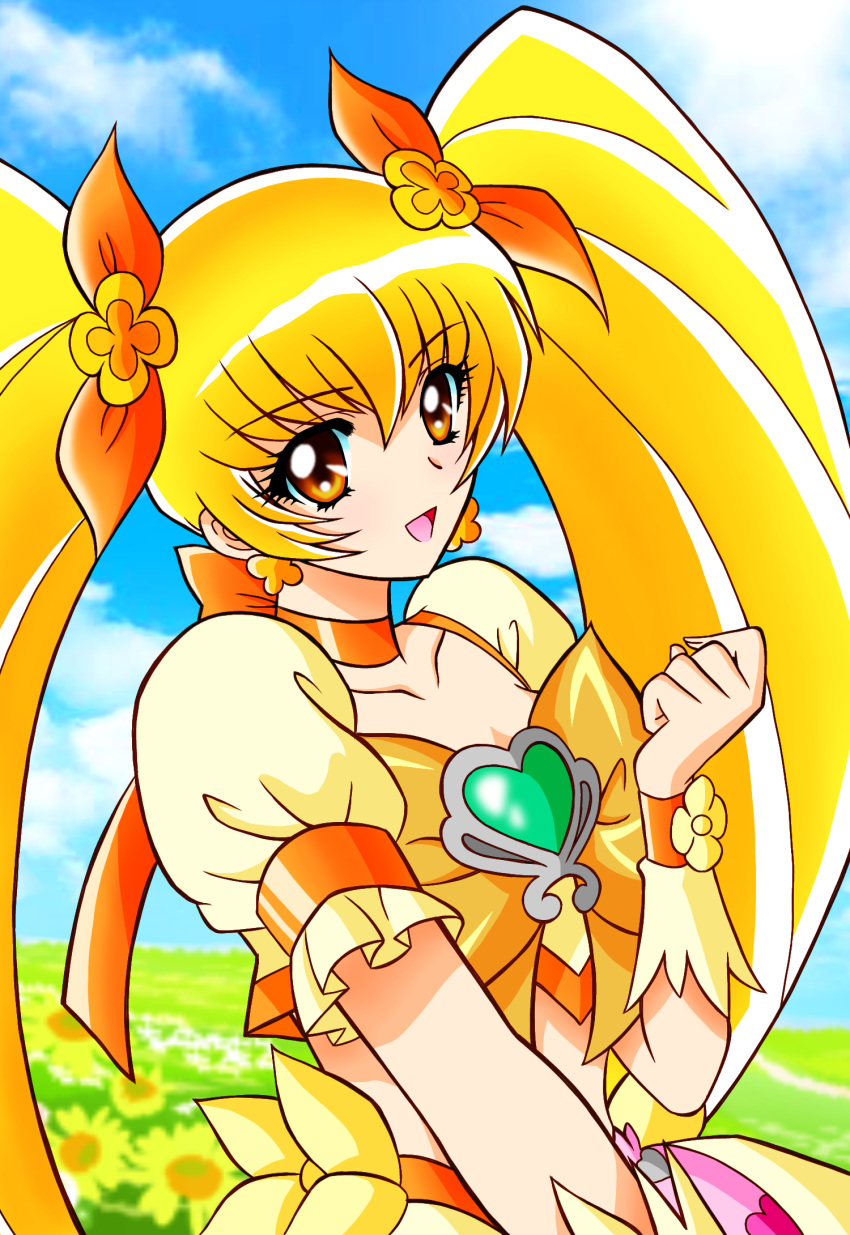 1girl :d blonde_hair bow breasts choker clouds collarbone commentary cure_sunshine earrings eyebrows_visible_through_hair flower flower_earrings gem grass hair_between_eyes hair_ornament heartcatch_precure! highres jewelry magical_girl myoudouin_itsuki nagaigoz open_mouth orange_bow orange_choker orange_eyes outdoors precure puffy_short_sleeves puffy_sleeves road short_hair short_sleeves sky smile solo twintails upper_body wristband