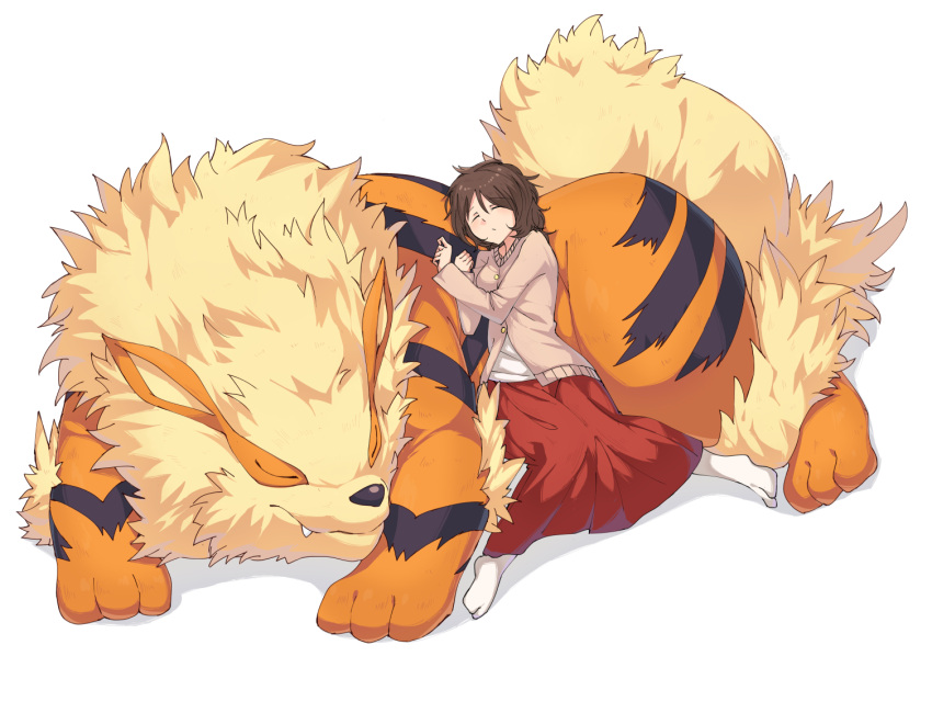 1girl arcanine breasts brown_hair closed_eyes closed_mouth commentary_request dress fang fang_out full_body hair_between_eyes long_sleeves lying medium_hair on_stomach pokemon pokemon_(creature) red_dress shadow shimure_(460) shirt simple_background sleeping solo white_background white_legwear white_shirt
