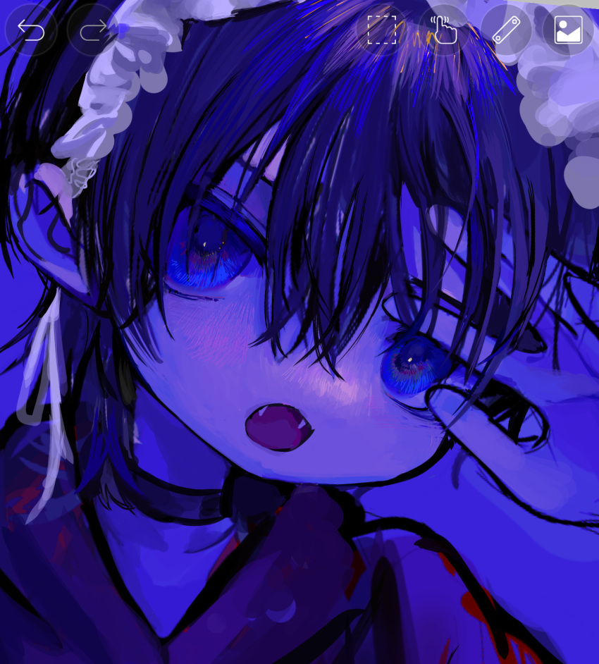 1boy black_hair blue_eyes choker ear_piercing earrings fang fangs highres hzk_(user_kemd2843) jewelry looking_at_viewer maid maid_headdress male_focus original pale_skin piercing purple_hair purple_theme violet_eyes