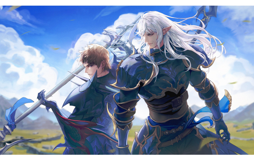 2boys absurdres adventurer_(ff14) armor bangs belt blue_eyes blurry blurry_background breastplate brown_hair clouds depth_of_field dragon dragon_on_shoulder dragoon_(final_fantasy) elezen elf estinien_varlineau eye_contact faulds final_fantasy final_fantasy_xiv gauntlets grey_eyes highres holding holding_polearm holding_weapon hyur lance long_hair looking_at_another male_focus melvinfeat mountainous_horizon multiple_boys pauldrons pointy_ears polearm pouch sash short_hair shoulder_armor sky smile standing upper_body weapon weapon_on_back white_hair