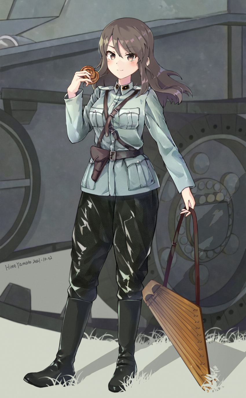 1girl absurdres alternate_costume artist_name bangs belt black_belt black_footwear black_pants blue_jacket boots brown_eyes brown_hair bt-42 cinnamon_roll closed_mouth commentary dated eyebrows_visible_through_hair finnish_army food girls_und_panzer grass ground_vehicle highres himeyamato holding holding_food holding_instrument holster instrument jacket kantele knee_boots long_hair long_sleeves looking_at_viewer mika_(girls_und_panzer) military military_uniform military_vehicle motor_vehicle no_hat no_headwear pants sam_browne_belt smile solo tank uniform wind world_war_ii