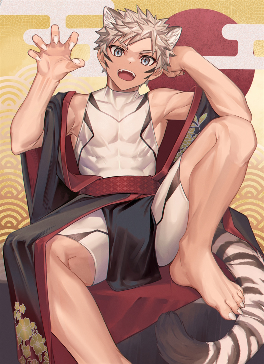 1boy animal_ears armpits barefoot bishounen collarbone fangs floral_print grey_hair hand_up highres japanese_clothes loincloth male_focus nail open_mouth original r-744 shirt short_hair sitting solo tail tiger_boy tiger_ears toned toned_male white_shirt