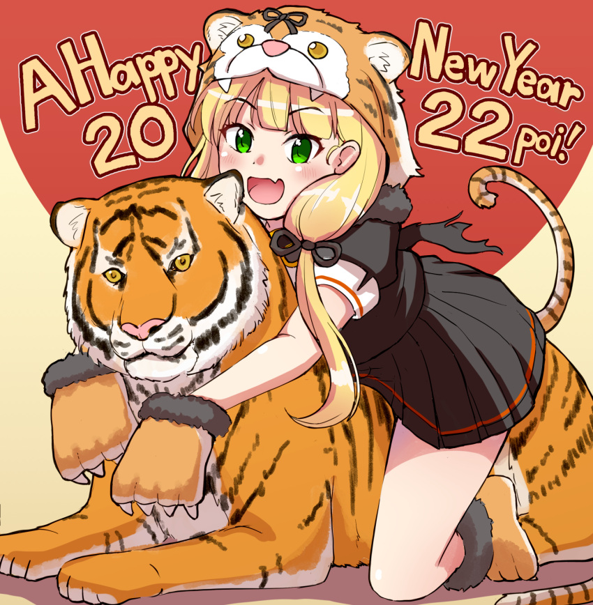 1girl animal animal_hands animal_hood bangs black_ribbon black_skirt blush chinese_zodiac commentary_request eyebrows_visible_through_hair fang fur_trim gloves green_eyes hair_ribbon happy_new_year highres hood hood_up kantai_collection long_hair looking_at_viewer new_year official_alternate_costume open_mouth paw_gloves paw_shoes pleated_skirt ribbon sailor_collar sakamoto_yuuki school_uniform serafuku short_sleeves simple_background skin_fang skirt tail tiger twintails two-tone_background year_of_the_tiger yuudachi_(kancolle)