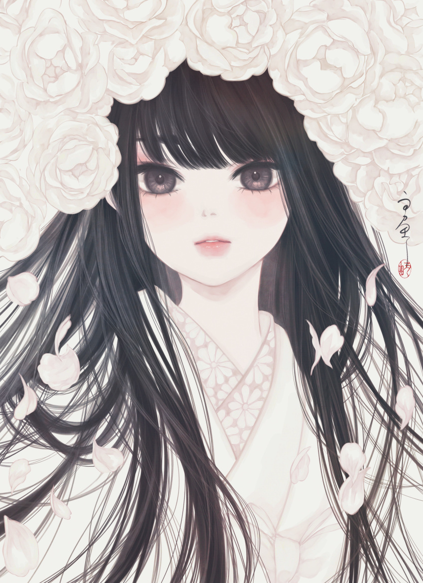 1girl absurdres bangs black_hair blunt_bangs brown_eyes commentary_request floral_print flower highres japanese_clothes kimono light_blush long_hair looking_at_viewer original parted_lips petals rose rose_petals seal_impression signature solo straight_hair upper_body ushiyama_ame white_flower white_kimono white_rose