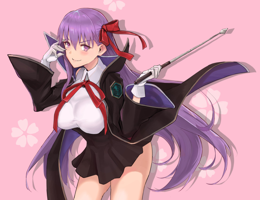 1girl bangs bb_(fate)_(all) bb_(fate/extra_ccc) black_coat black_skirt breasts coat fate/extra fate/extra_ccc fate/grand_order fate_(series) gloves hair_ribbon high-waist_skirt highres holding holding_wand large_breasts leotard long_hair long_sleeves looking_at_viewer neck_ribbon open_clothes open_coat popped_collar purple_hair red_ribbon ribbon shusiki skirt smile very_long_hair violet_eyes wand white_gloves white_leotard wide_sleeves