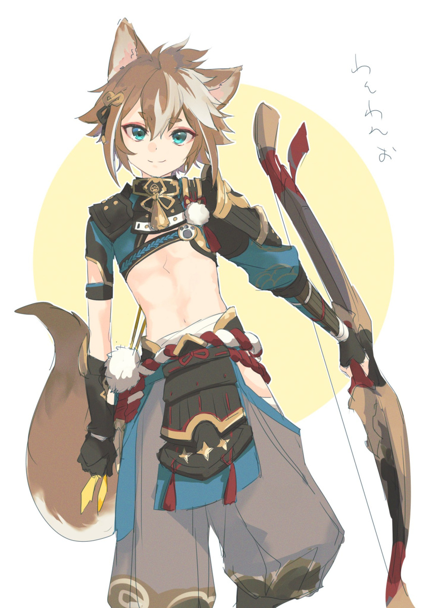 1boy animal_ears armor bangs black_gloves blue_eyes bow_(weapon) brown_hair closed_mouth commentary_request dog_boy dog_ears dog_tail eyeshadow genshin_impact gloves gorou_(genshin_impact) hair_between_eyes hair_ornament highres holding holding_bow_(weapon) holding_weapon japanese_armor japanese_clothes kyuuri_(miyako) looking_at_viewer makeup male_focus midriff multicolored_hair red_eyeshadow simple_background solo streaked_hair tail tassel two-tone_background weapon white_hair