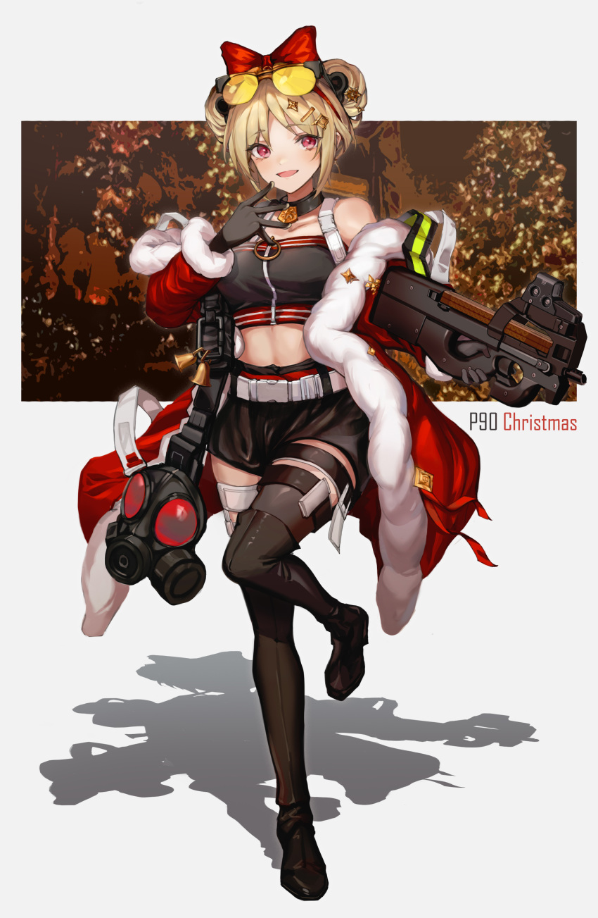 1girl absurdres bare_shoulders black_gloves blush boots bow bullpup choker christmas collarbone double_bun eyebrows_visible_through_hair eyewear_on_head full_body gas_mask girls_frontline gloves gun high_heels highres leg_up mask official_alternate_costume open_mouth p90 p90_(girls'_frontline) p90_(scarlet_turbo)_(girls'_frontline) red_eyes rez_(banco233) shadow short_hair smile solo submachine_gun sunglasses thigh-highs thigh_boots weapon