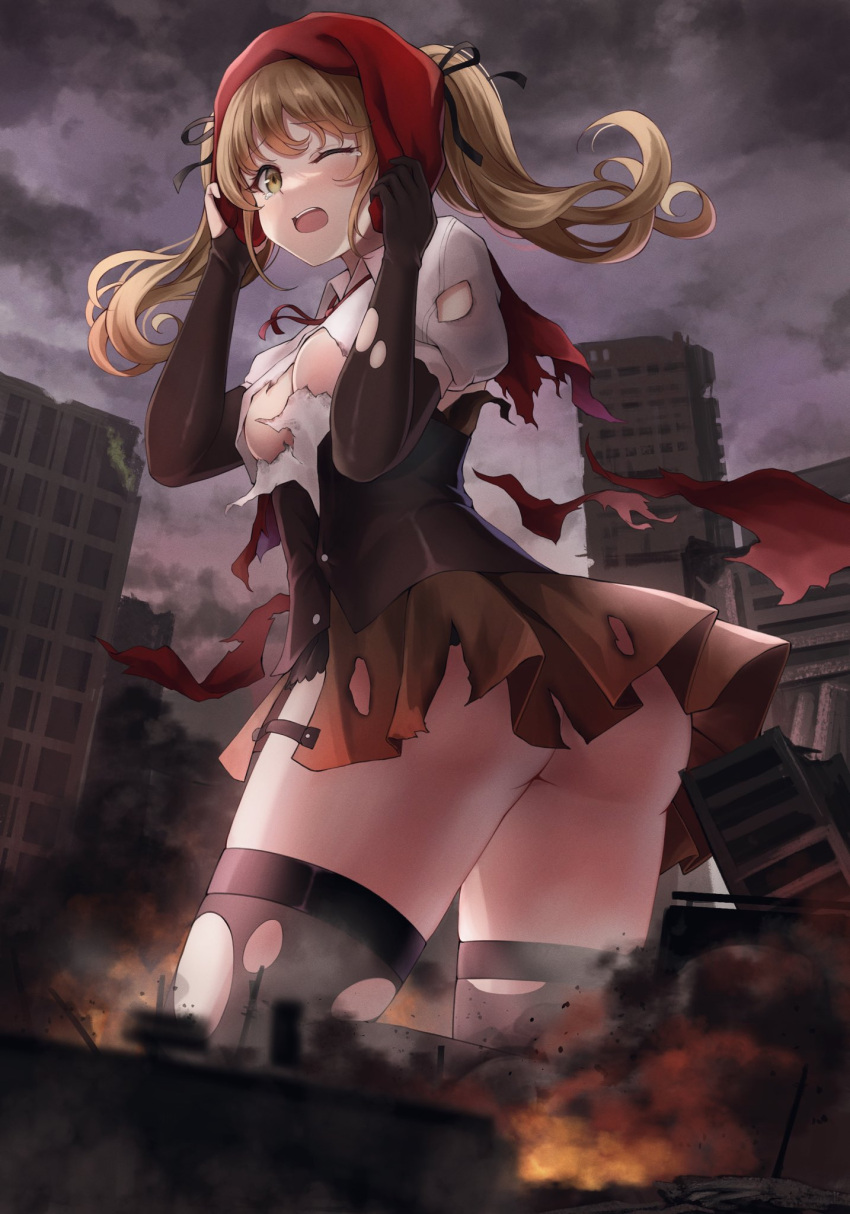 1girl bangs beret black_legwear breasts brown_hair brown_skirt city corset destruction eyebrows_visible_through_hair giant giantess girls_frontline hat highres long_hair medium_breasts neck_ribbon numaguro_(tomokun0808) one_eye_closed open_mouth puffy_short_sleeves puffy_sleeves red_headwear red_neckwear red_ribbon ribbon shirt short_sleeves skirt solo sten_mkii_(girls'_frontline) thigh-highs torn_clothes torn_legwear torn_shirt torn_skirt twintails