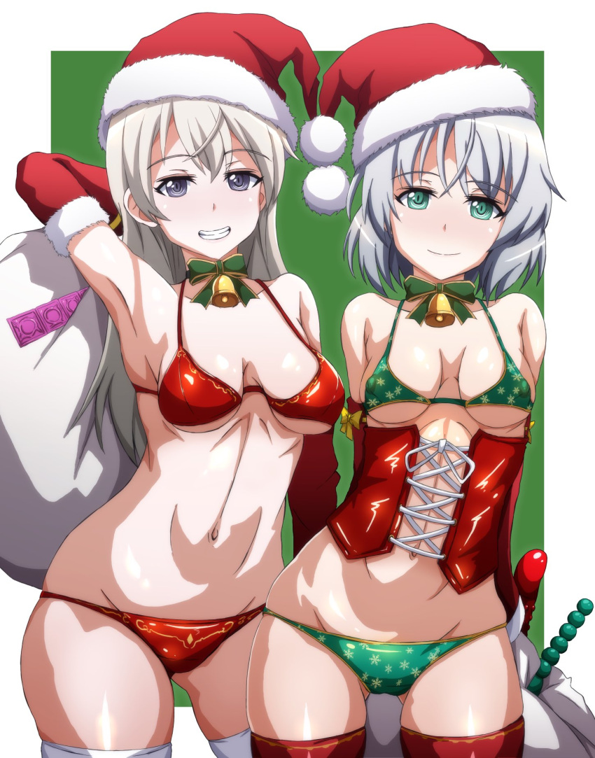 2girls arm_up arms_behind_back arobiro bangs bell bikini blue_eyes blush border bow bowtie breasts christmas closed_mouth corset detached_sleeves eila_ilmatar_juutilainen elbow_gloves eyebrows_visible_through_hair fur-trimmed_sleeves fur_trim gloves green_background green_bikini green_bow green_bowtie green_eyes grey_hair grin groin hat highres holding holding_sack long_hair looking_at_viewer medium_breasts multiple_girls navel neck_bell outside_border over_shoulder red_bikini red_gloves red_headwear red_legwear red_shorts sack santa_gloves santa_hat sanya_v._litvyak short_hair shorts side-by-side silver_hair skindentation smile standing strike_witches string_bikini swimsuit thigh-highs white_border white_legwear world_witches_series