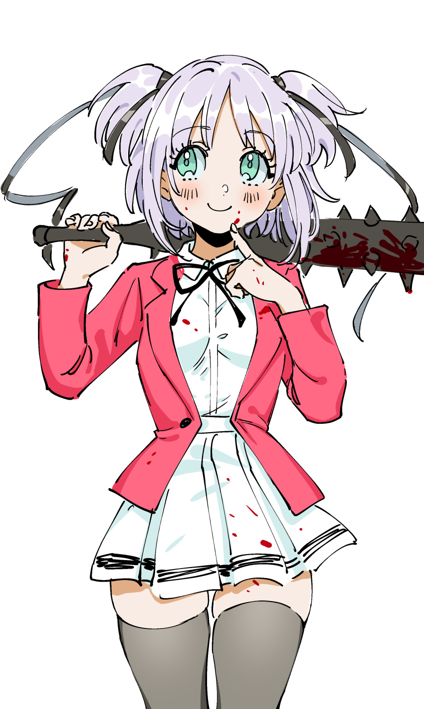 1girl absurdres bangs black_legwear black_ribbon blazer blood blood_on_clothes blood_on_face blood_on_weapon blood_splatter blood_stain blush bokusatsu_tenshi_dokuro-chan bomhat c: closed_mouth club_(weapon) collared_shirt cowboy_shot excalibolg eyebrows_visible_through_hair eyelashes eyes_visible_through_hair facing_viewer finger_to_own_chin green_eyes hair_ribbon hands_up high-waist_skirt highres holding holding_weapon index_finger_raised jacket kanabou light_purple_hair long_sleeves looking_to_the_side looking_up mitsukai_dokuro neck_ribbon open_clothes open_jacket over_shoulder pleated_skirt red_jacket ribbon school_uniform shirt shirt_tucked_in short_hair simple_background skindentation skirt smile solo spiked_club stained_clothes standing straight-on tareme thigh-highs two_side_up weapon weapon_over_shoulder white_background white_shirt white_skirt wing_collar zettai_ryouiki