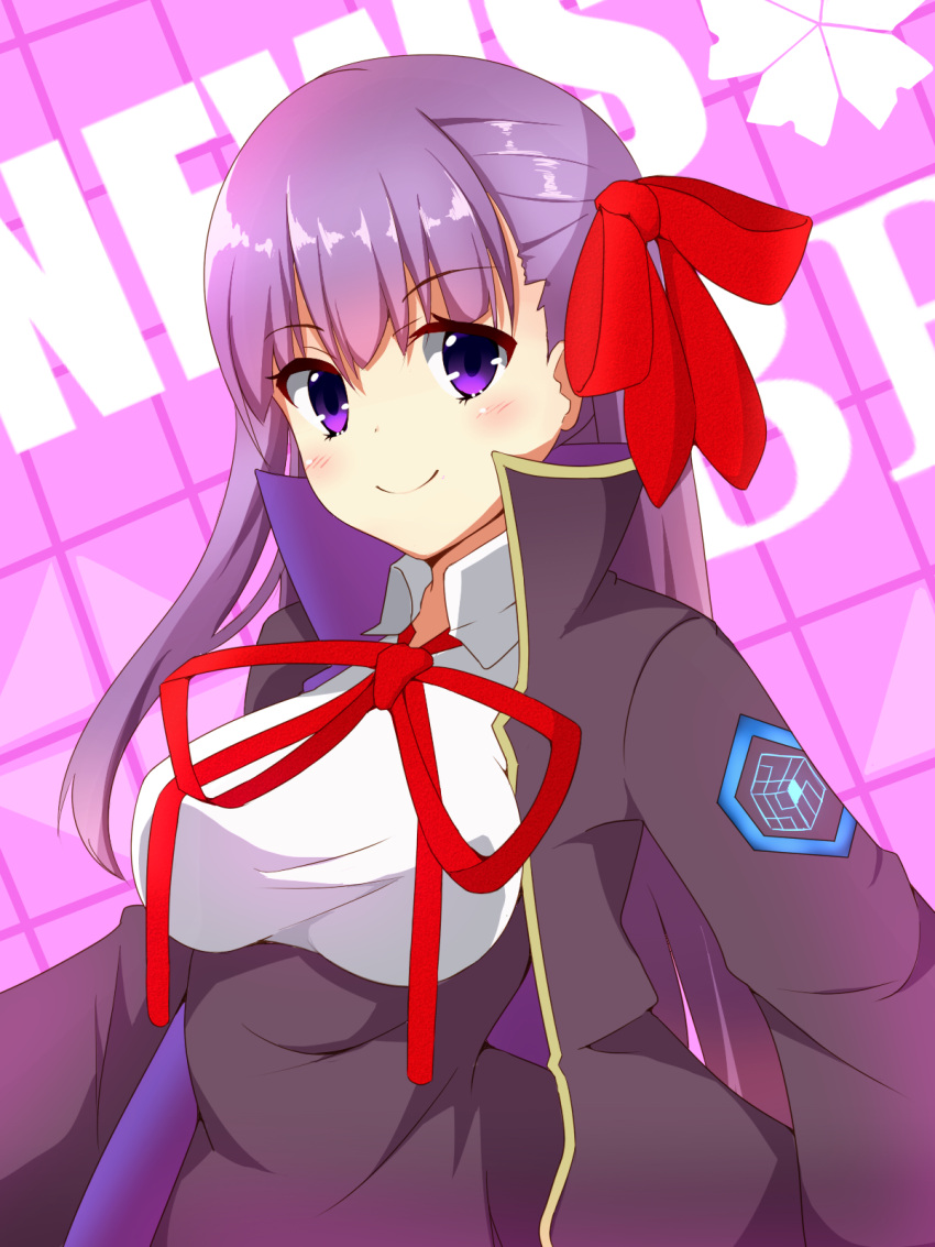 1girl bangs bb_(fate)_(all) bb_(fate/extra_ccc) black_coat black_skirt breasts coat fate/extra fate/extra_ccc fate/grand_order fate_(series) gloves hair_ribbon high-waist_skirt highres holding holding_wand imuraya large_breasts leotard long_hair long_sleeves looking_at_viewer neck_ribbon open_clothes open_coat popped_collar purple_hair red_ribbon ribbon skirt smile very_long_hair violet_eyes wand white_gloves white_leotard wide_sleeves