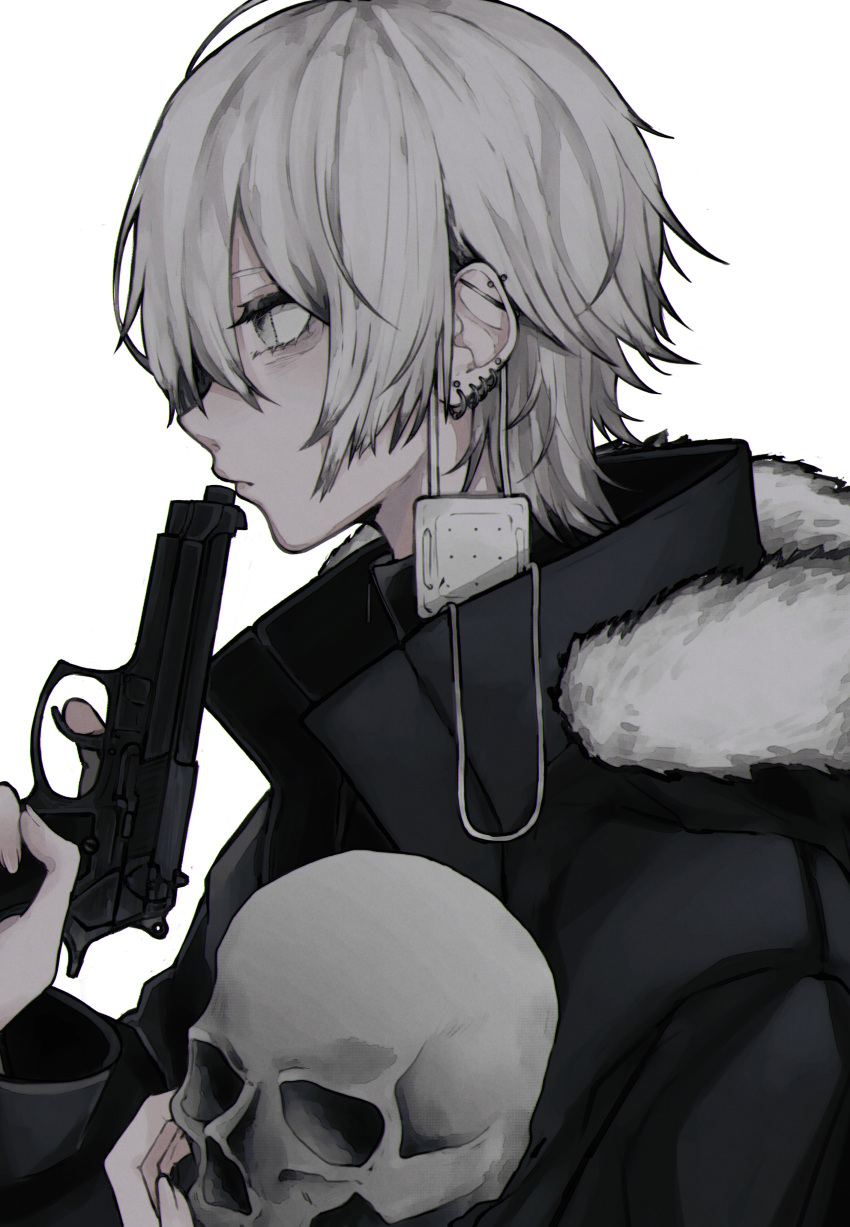 1boy 402_(o0_xxx) absurdres black_theme crazy ear_piercing earrings grey_eyes gun highres jewelry looking_to_the_side male_focus mask original pale_skin piercing skull weapon white_hair white_theme
