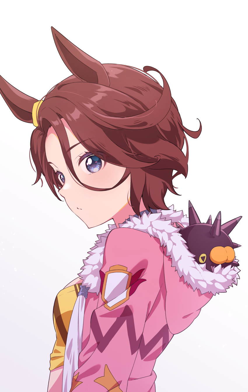 1girl absurdres animal_ears bangs blue_eyes blush brown_hair closed_mouth commentary ear_ribbon eriko_(nakaeri_gogo) frown fur-trimmed_jacket fur_trim highres hood hood_down hooded_jacket horse_ears horse_girl jacket long_sleeves looking_at_viewer narita_taishin_(umamusume) open_clothes open_jacket pincurchin pokemon pokemon_(creature) shirt short_hair solo standing swept_bangs umamusume upper_body white_background yellow_shirt